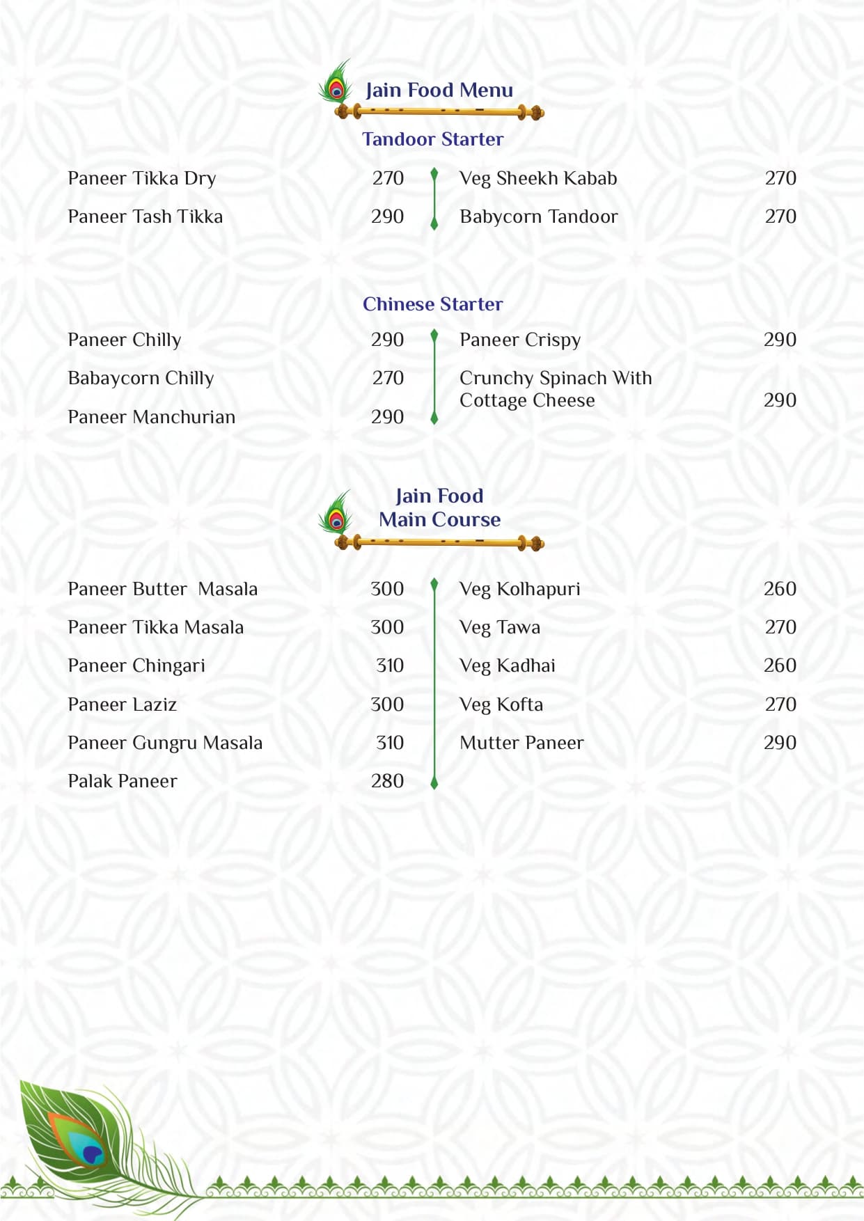 Jain Food Menu - Starters & Main Course